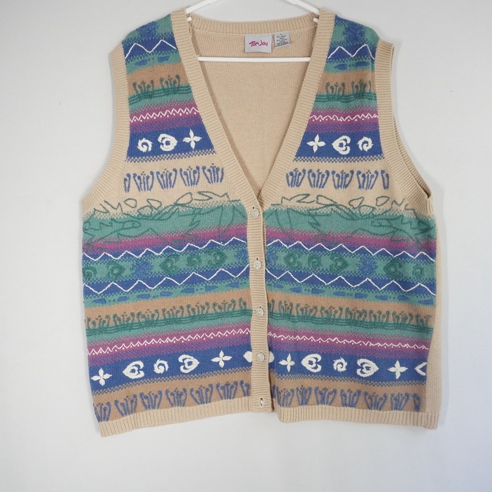 VTG Tan Jay Women Teacher Sweater Vest Colorful Sea Pattern Sleeveless Top Large